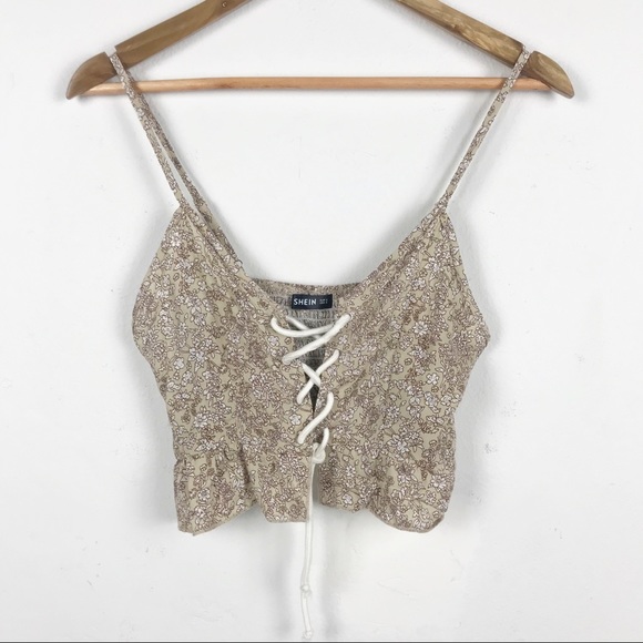 SHEIN Tops - Shein Tan Floral Lace Up Crop Top